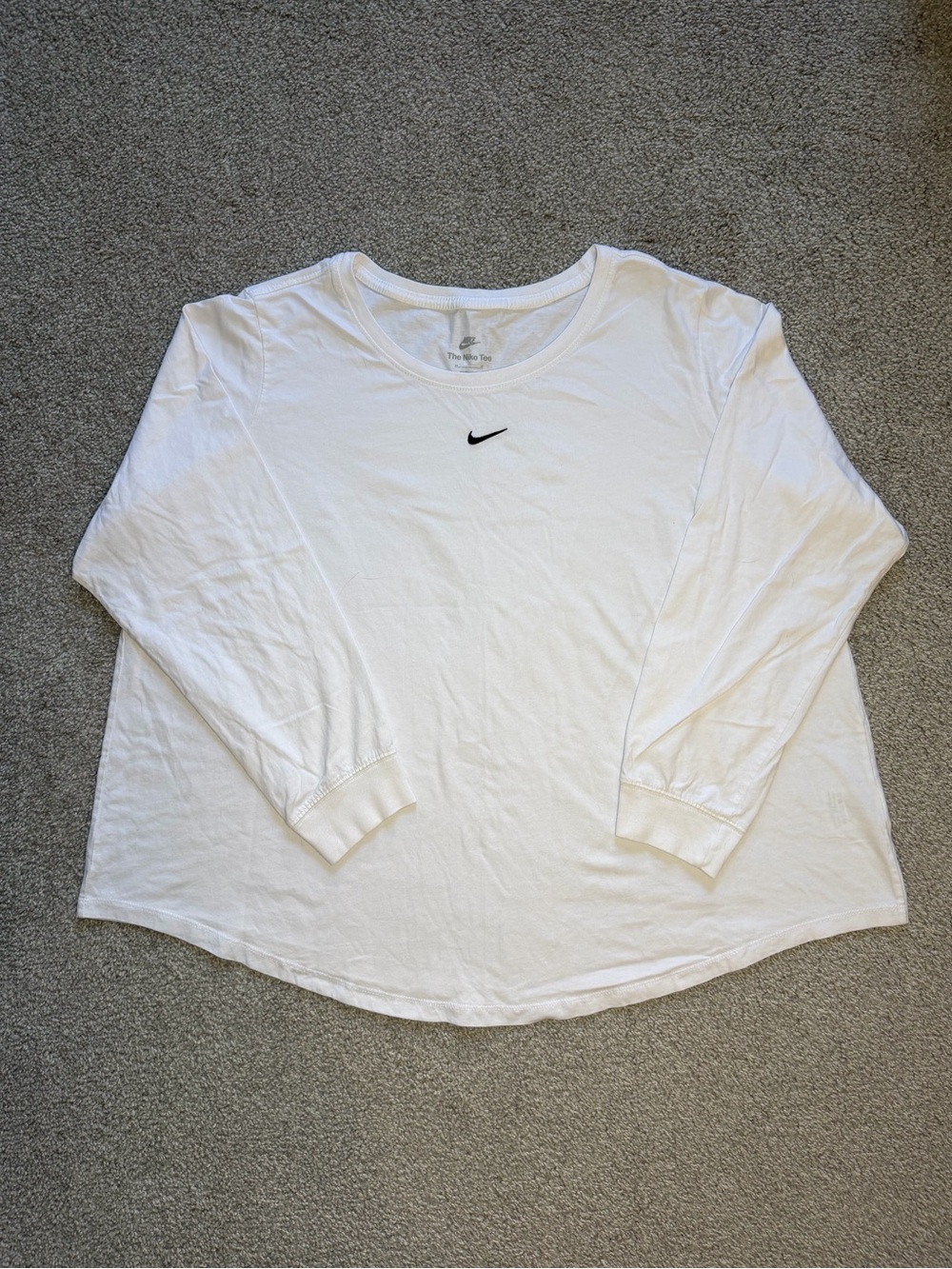 Nike White Long-Sleeve Crew Tee with Black Swoosh